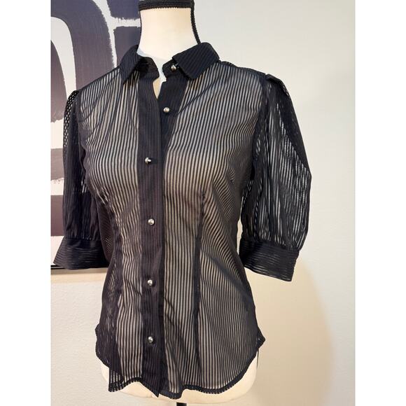 Haute Monde Sheer Black Striped Puff Sleeve Blouse with Pearl Buttons – Size S - Picture 4 of 7